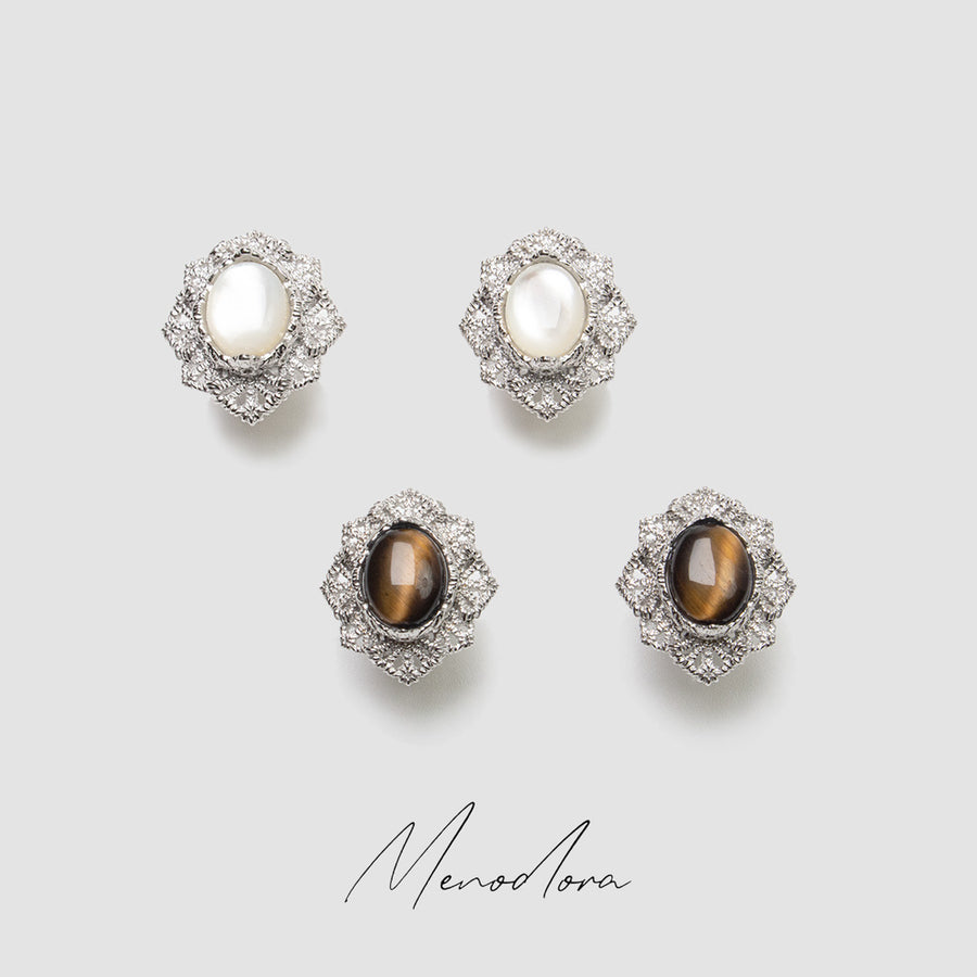 Natural Tiger's Eye / Natural White Mother-of-Pearl Ear Studs